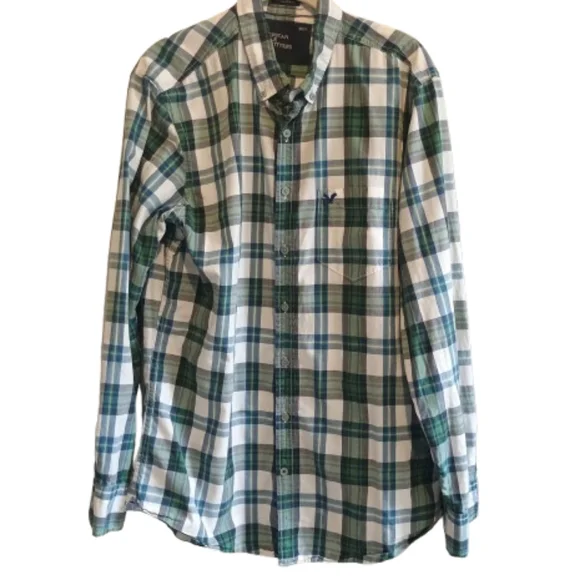 American Eagle Outfitters LT Plaid Shirt Green Blue White Button Front Athletic - Picture 1 of 12